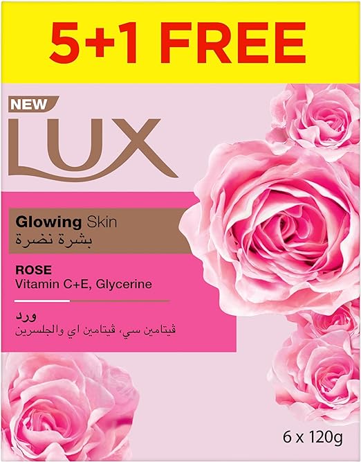 LUX Bar Soap for glowing skin, Rose, with Vitamin C, E, and Glycerine, 6 x 120g Brand: Lux